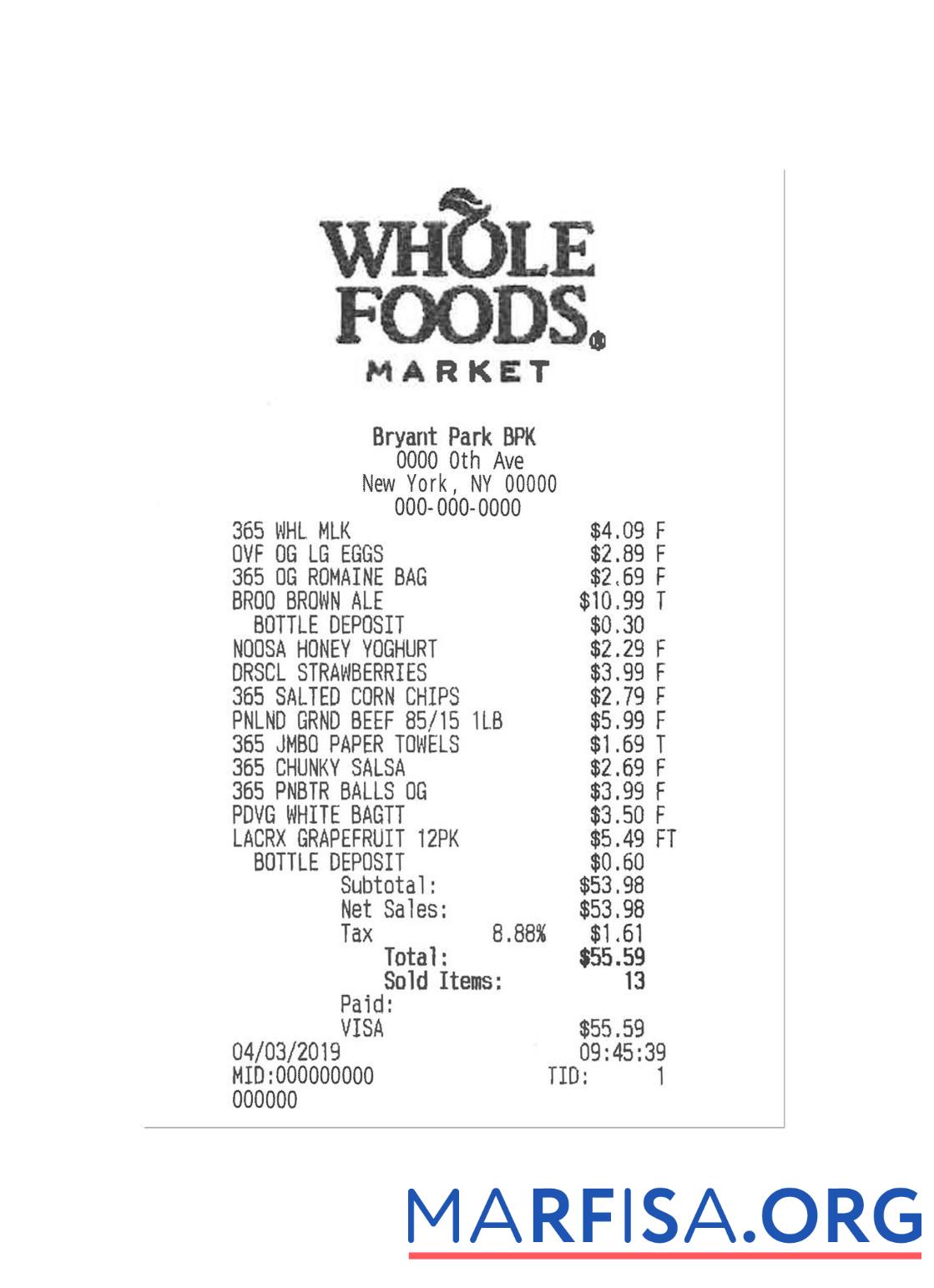 Downloadable WHOLE FOODS payment check example